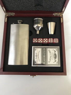 Rosewood flask and player cards,dice set